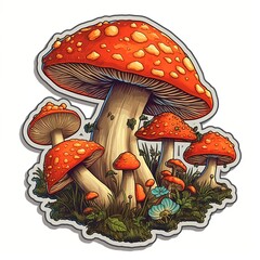 A drawing of a group of mushrooms with one of them being the largest. Mushroom sticker