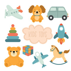 Cartoon colorful kids toys set on white background including horse, rocket, plane, car, bear