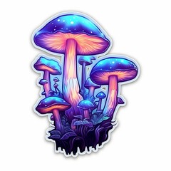 A colorful mushroom with a blue stem and a yellow center. The mushrooms are all different sizes and are scattered around each other. Mushroom sticker