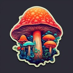 A colorful mushroom with three other mushrooms surrounding it. The mushrooms are all different colors and sizes. The scene is whimsical and playful. Mushroom sticker