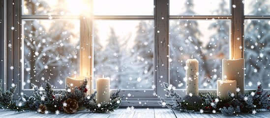 a window with candles and snow falling