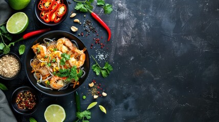 Tantalizing Pad Thai Noodle Dish with Fresh Ingredients on Dark Moody Background