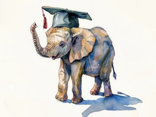 Whimsical Elephant Calf Embraces Educational Journey with Oversized Graduation Cap Casting Playful Shadow