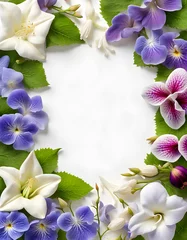  Portrait image view of wide lavender jasmine lily hollyhocks pansy and periwinkle flowers border frame © Spring of Sheba