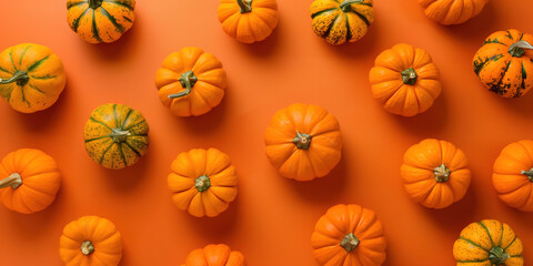 Bright orange set of  pumpkins pattern on a orange background  for autumn halloween banner or template themes
