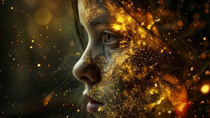 Abstract pic of young female with sparkling gold tones.