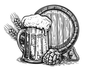 Barrel and mug of beer with hops and ears of wheat. Brewery, pub sketch vintage illustration