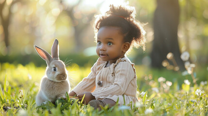 Beautiful stylish toddler child. mix raced girl. playing with Easter bunny in the park. copy space.