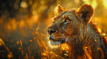 Animal Encounter: Close-up of a majestic lion in the savannah