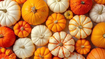 A collection of vibrant orange and white pumpkins patterned background with autumn, colorful pumpkins banner