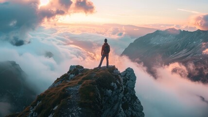 Epic picture of a hiker on the peak of a mountain looking at the horizon.