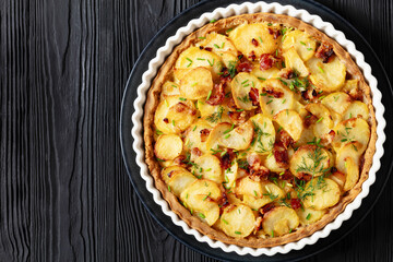 Irish potato pie with bacon in baking dish
