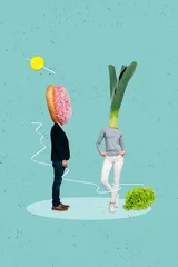  Collage artwork of weird two people standing together healthy nutrition vitamins vegetables vs unhealthy products © deagreez