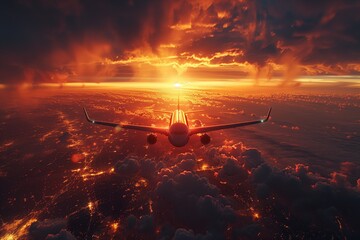 Airplane flying towards sunset amidst clouds - Powered by Adobe