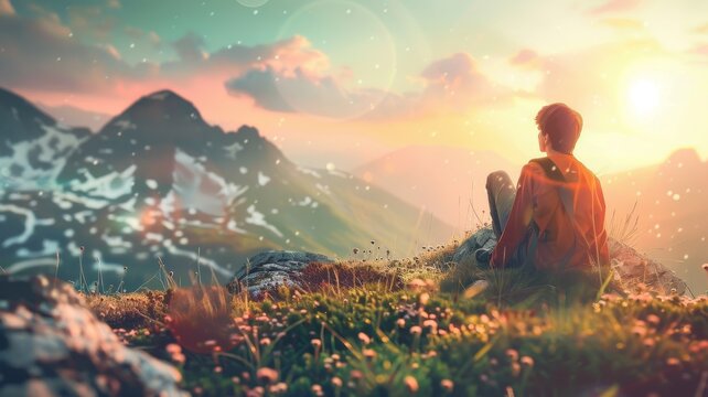 illustration of a boy sitting in a meadow looking at the landscape.