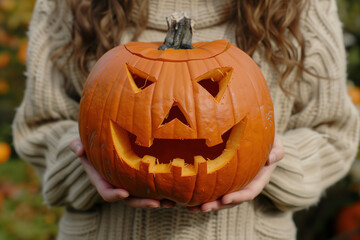 Woman Holding a Carved Halloween Pumpkin and Menacing Smile