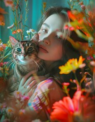 Young woman at home with a cat. Beautiful girl smelling flowers with a cat. Spring sunlight, vibrant colors, dreamy.
