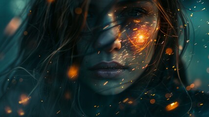 Abstract pic of young female with sparkling gold tones.