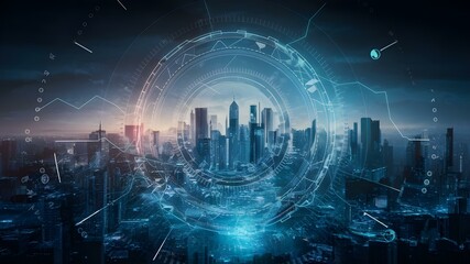 Digital Dawn: Quantum Cyber City. Concept Sci-Fi, Cyberpunk, Futuristic Technology, Virtual Reality, Artificial Intelligence