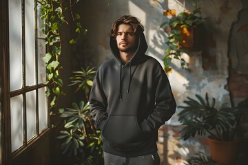 Mockup of a black male hoodie with houseplants against a concrete wall. Concept Fashion, Menswear, Urban Style, Lifestyle, Photoshoot - obrazy, fototapety, plakaty