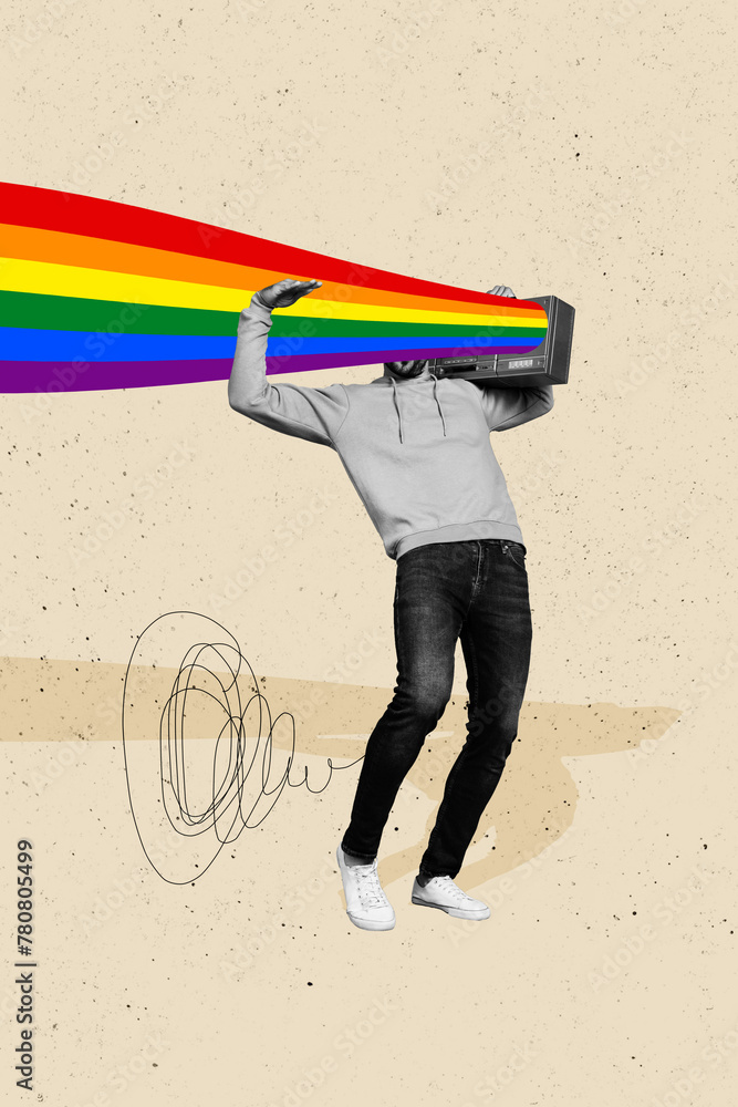 Wall mural collage artwork image of no face man listening music lgbt flag colors isolated on drawing background