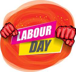 1 may Happy labour day vector label with strong protest fist in the air on vintage red watercolor stricket background. vector happy labor day background or banner with man hand. workers may day poster