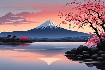 Mount Fuji majestically rising in background, framed by delicate cherry blossoms in full bloom, capturing essence of Japans natural beauty, cultural significance. For art, fashion, style, magazines. - obrazy, fototapety, plakaty