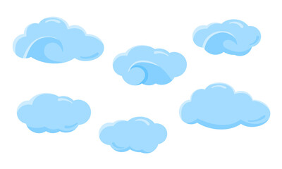 Flat blue clouds. Set of fluffy and curled clouds. Vector illustration