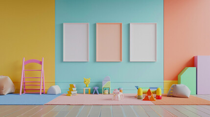 Blank mockup frames on painted colorful wall of kindergarten or children's playroom. display and show mockup concept. copy space.