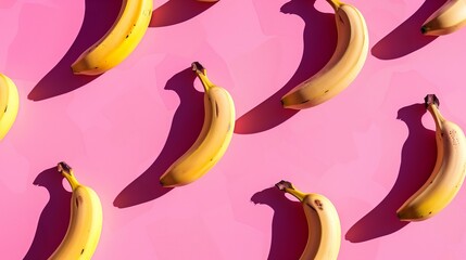 bananas pattern on a vibrant pink solid color background, sun and shadows