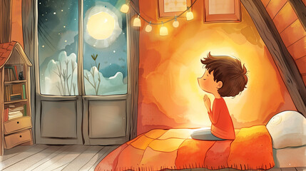 Child on bed praying watercolor painting style