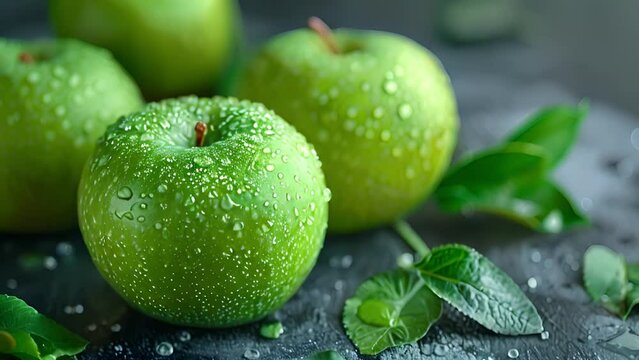 Juicy apple animation: fresh green apples delight, bursting with flavor, fruity animation concept