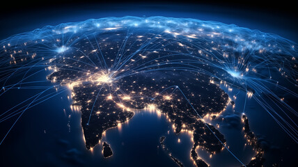 Naklejka na ściany i meble Global network connections with nodes and lines over the Earth at night. World communication, internet connectivity and global business concept with copy space for design and print.