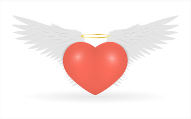 Red heart with angel wings and a halo, on a white background. Vector illustration.