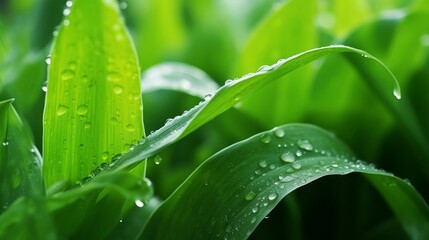 Corn seedlings adorned with delicate dewdrops on their leaves