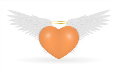 Orange heart with angel wings and halo on a white background. Vector illustration