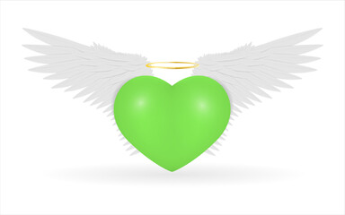 Green heart with angel wings and a halo on a white background. Vector illustration.