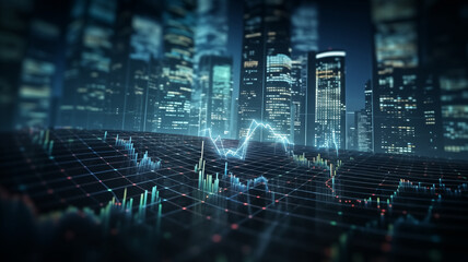 Fototapeta na wymiar Futuristic city skyline with digital financial chart. Smart city and stock market analytics concept with copy space for design and print.