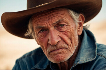 Cowboy Portrait. Old and Wise Man with Penetrating Gaze and Cowboy Hat