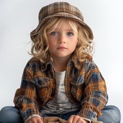Young child in plaid and cap posing