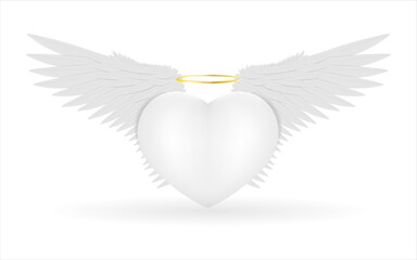 White heart with angel wings and halo on a white background. Vector illustration.