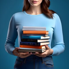 the girl holds a stack of books in her hands