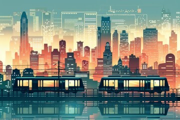 City Skyline Painting With Train - obrazy, fototapety, plakaty