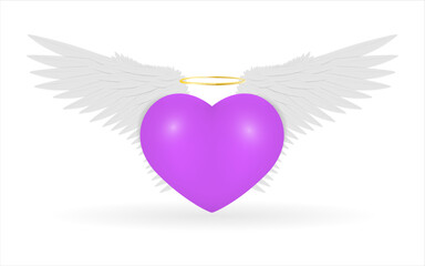 Purple heart with angel wings and halo on a white background. Vector illustration.