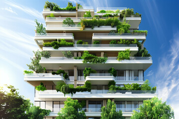 Modern eco-friendly apartment building with lush green balconies and rooftop gardens against a blue sky, showcasing sustainable urban living - obrazy, fototapety, plakaty