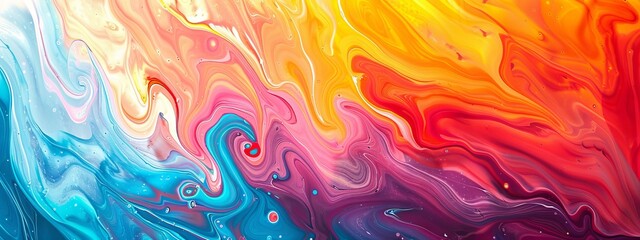Abstract colorful background with swirling liquid paint and vibrant colors. waves of bright hues, creating an energetic atmosphere. Abstract art with fluid shapes, creating a lively visual experience. - obrazy, fototapety, plakaty
