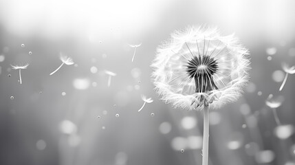 Dandelion flower lowball close up. black and white. Grief and loss concept