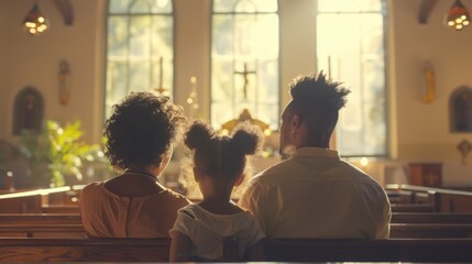 a family is captured from behind as they sit together in a church, attentively observing a worship service or special event
 - obrazy, fototapety, plakaty