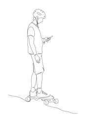Man in helmet riding skateboard and using phone on the go. Black and white vector illustration in line art style.