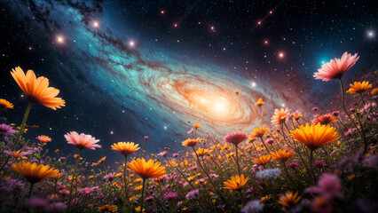 Colorful flowers on the background of the starry sky